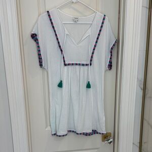 J. Crew White swim cover up with Teal Tassels and Multicolor Trim